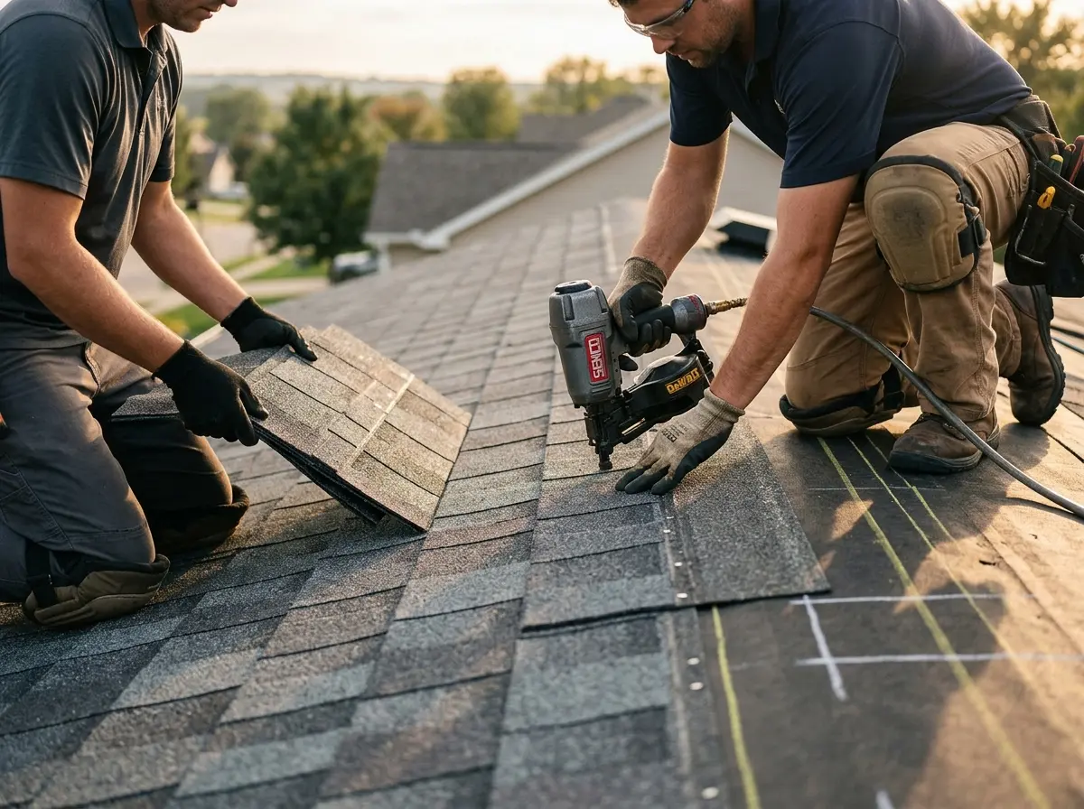Professional roofer working on a residential roof in Valencia West